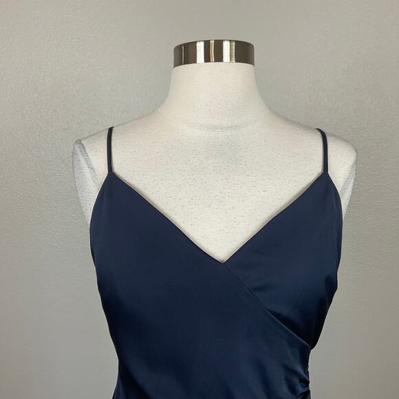 AQUA Satin Cut Out Back Evening Gown Blue Size 6 Sleeveless Thigh Slit Formal - Picture 7 of 12